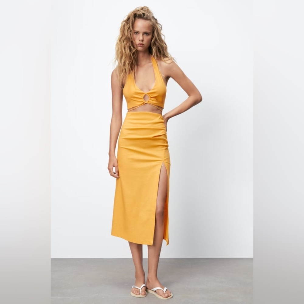 Zara yellow linen blend skirt with ruching and side slit